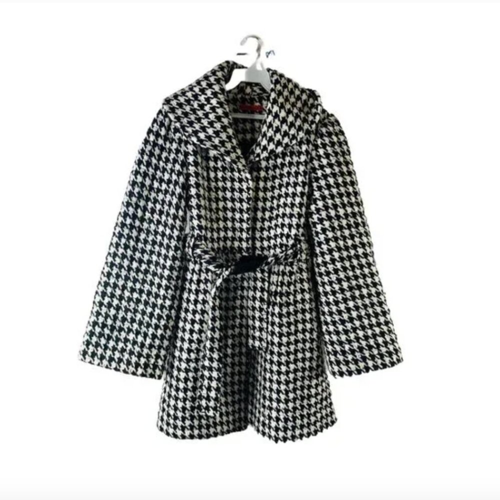 Alice + Olivia Houndstooth Knee Length Belted Coat Black/Almond Size M